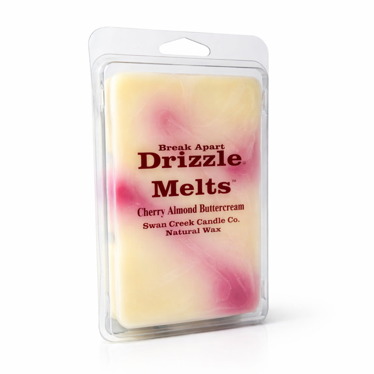 Packaged cherry almond buttercream Drizzle Melts with a white background