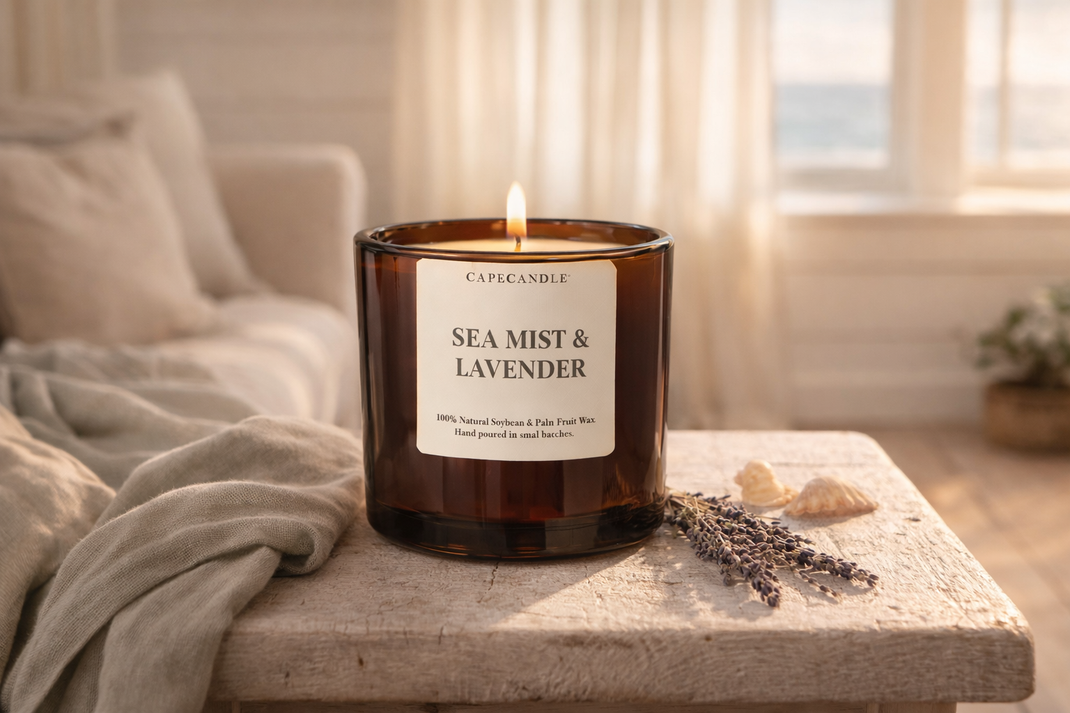 Candle labeled 'Sea Mist & Lavender' on a stone surface with a cozy indoor setting.