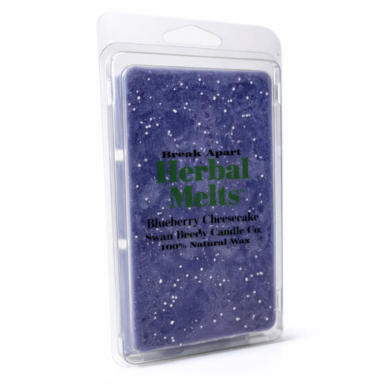 Packaged herbal melts with blue glittery texture on a white background