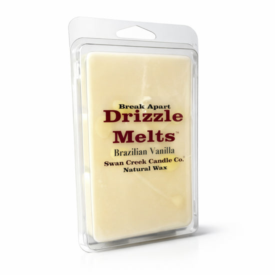 Packaged wax melt with 'Drizzle Melts' branding on a white background