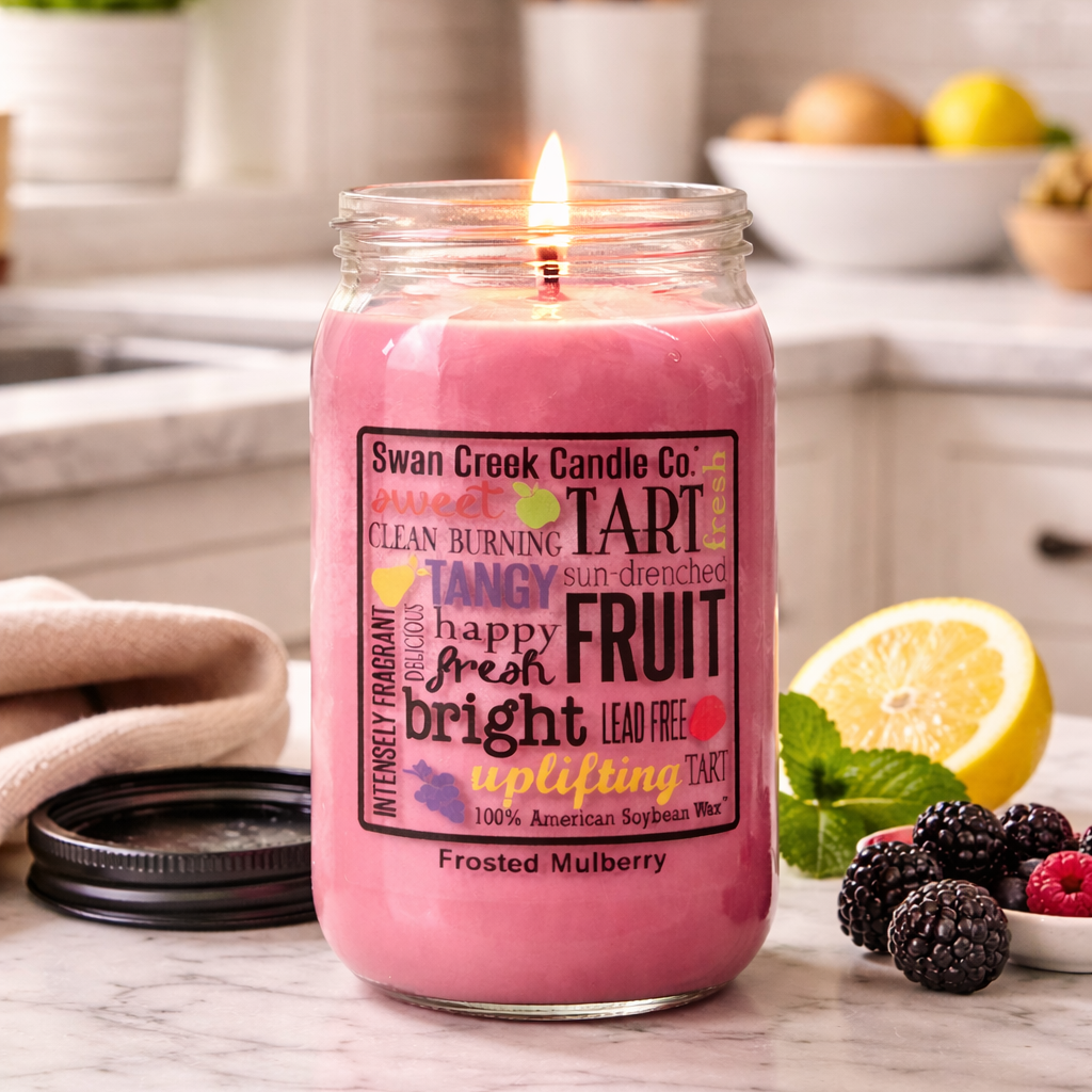 Pink candle with a label in a kitchen setting