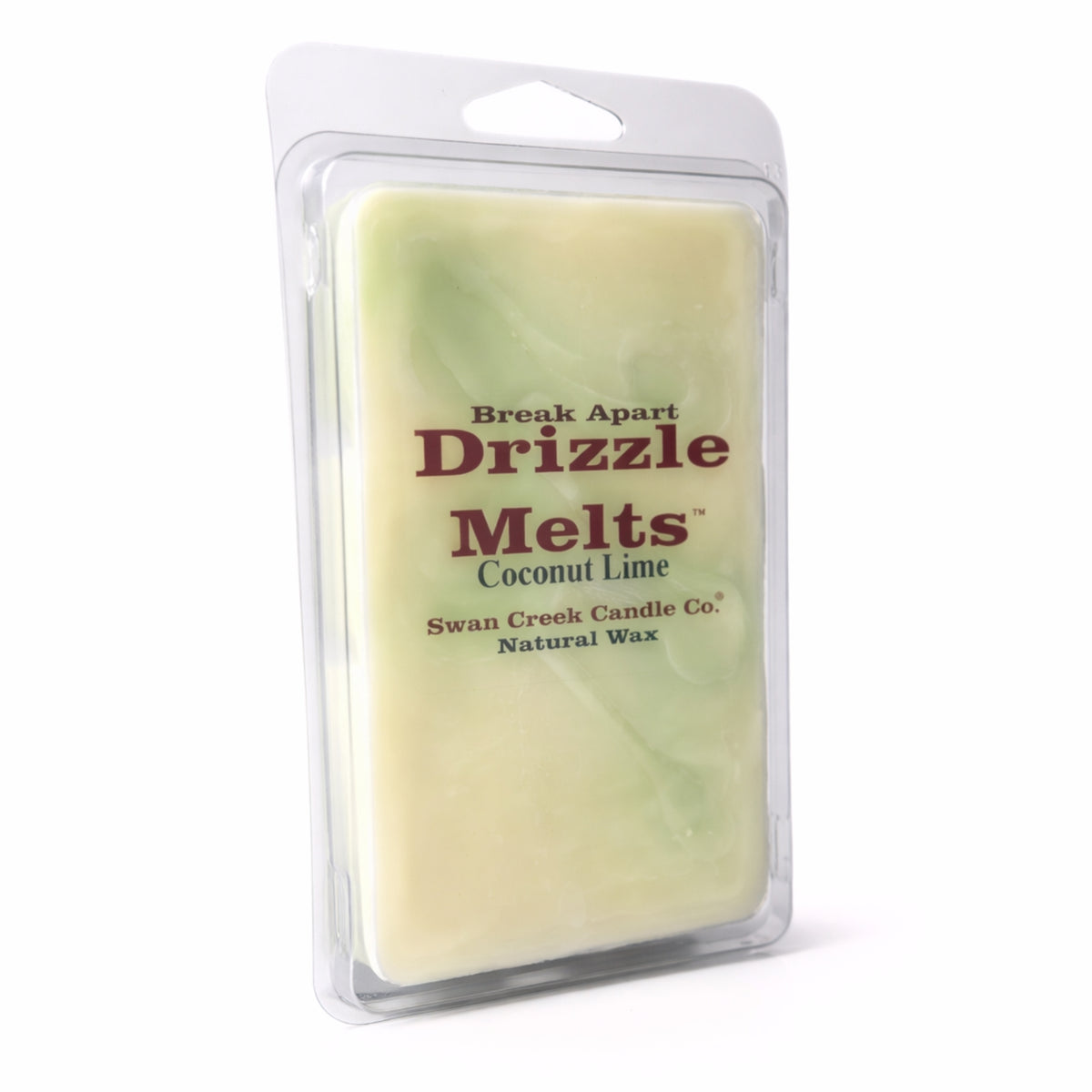 Packaged Drizzle Melts coconut lime candle wax with Swan Creek Candle Co. branding on a white background.