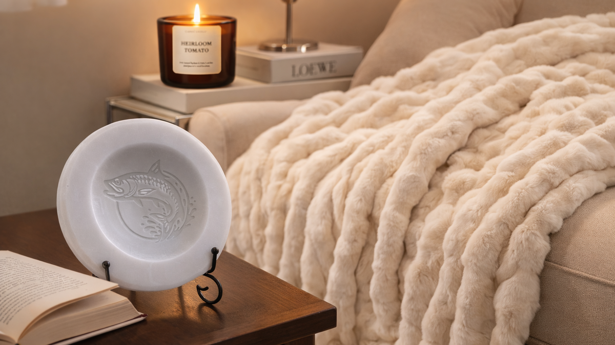 Decorative plate on a nightstand with a lit candle and book in the background