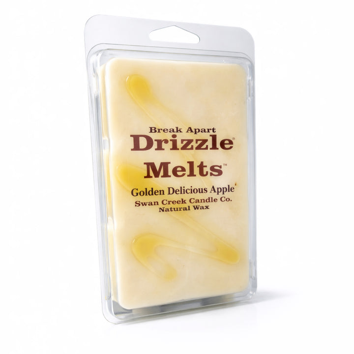Packaged wax melts with 'Drizzle Melts' branding on a white background