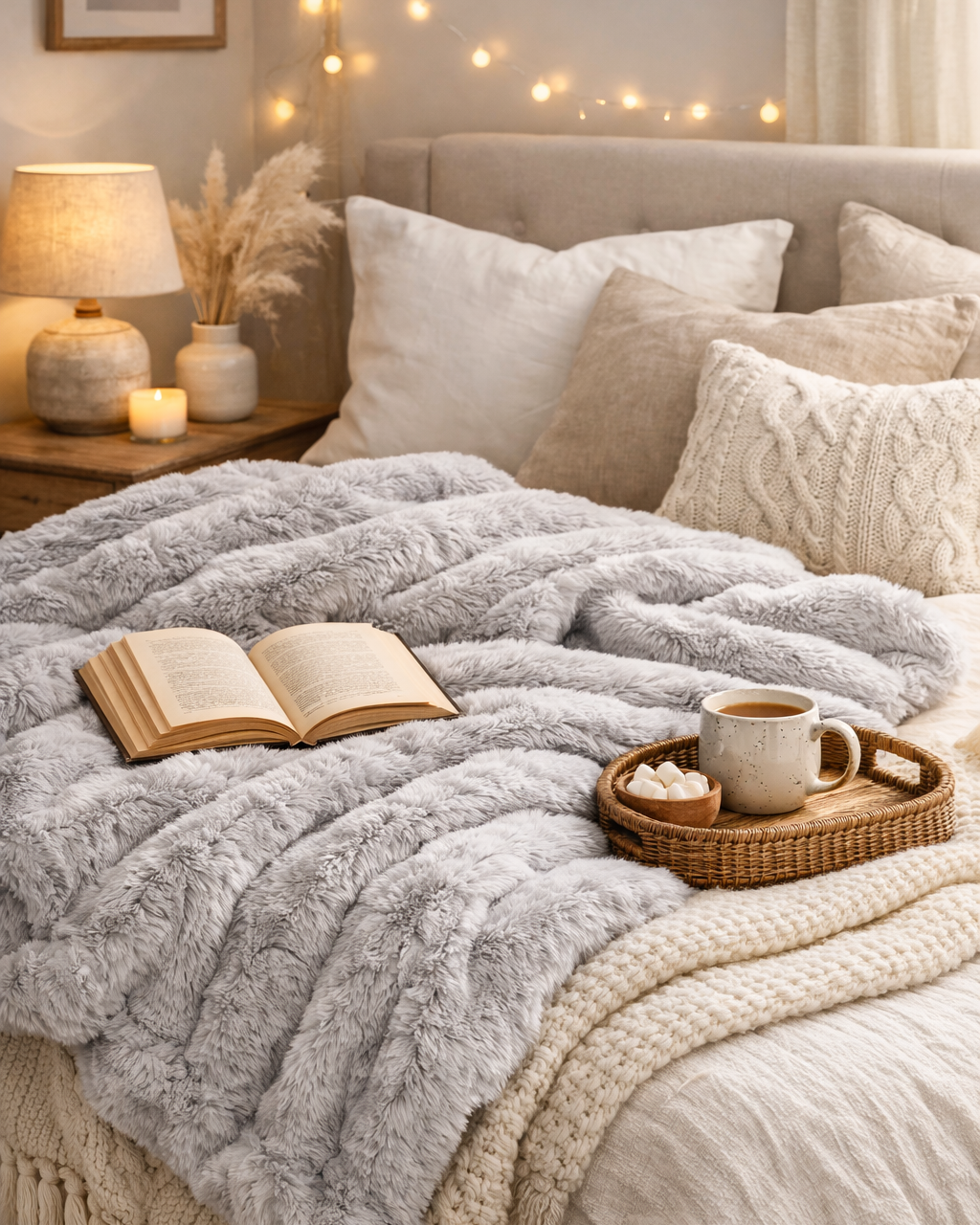 Cozy bedroom with a bed covered in soft blankets, an open book, a mug, and a tray.