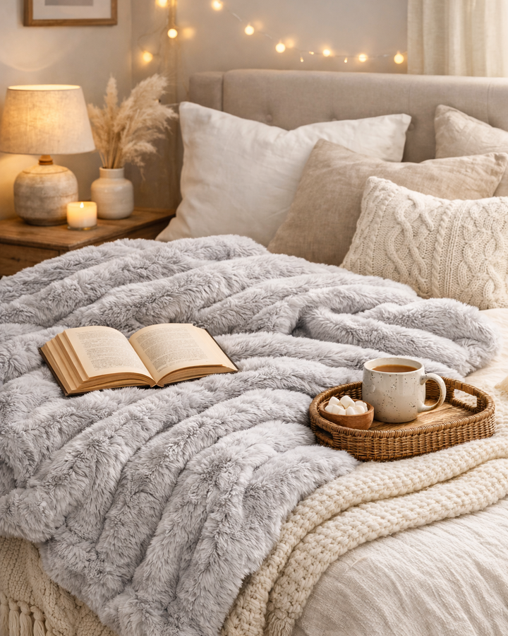 Cozy bedroom with a bed covered in soft blankets, an open book, a mug, and a tray.