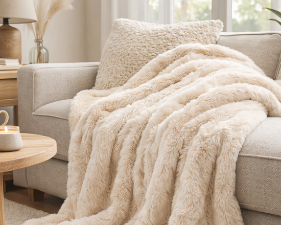 Beige fluffy blanket draped over a sofa in a cozy living room.