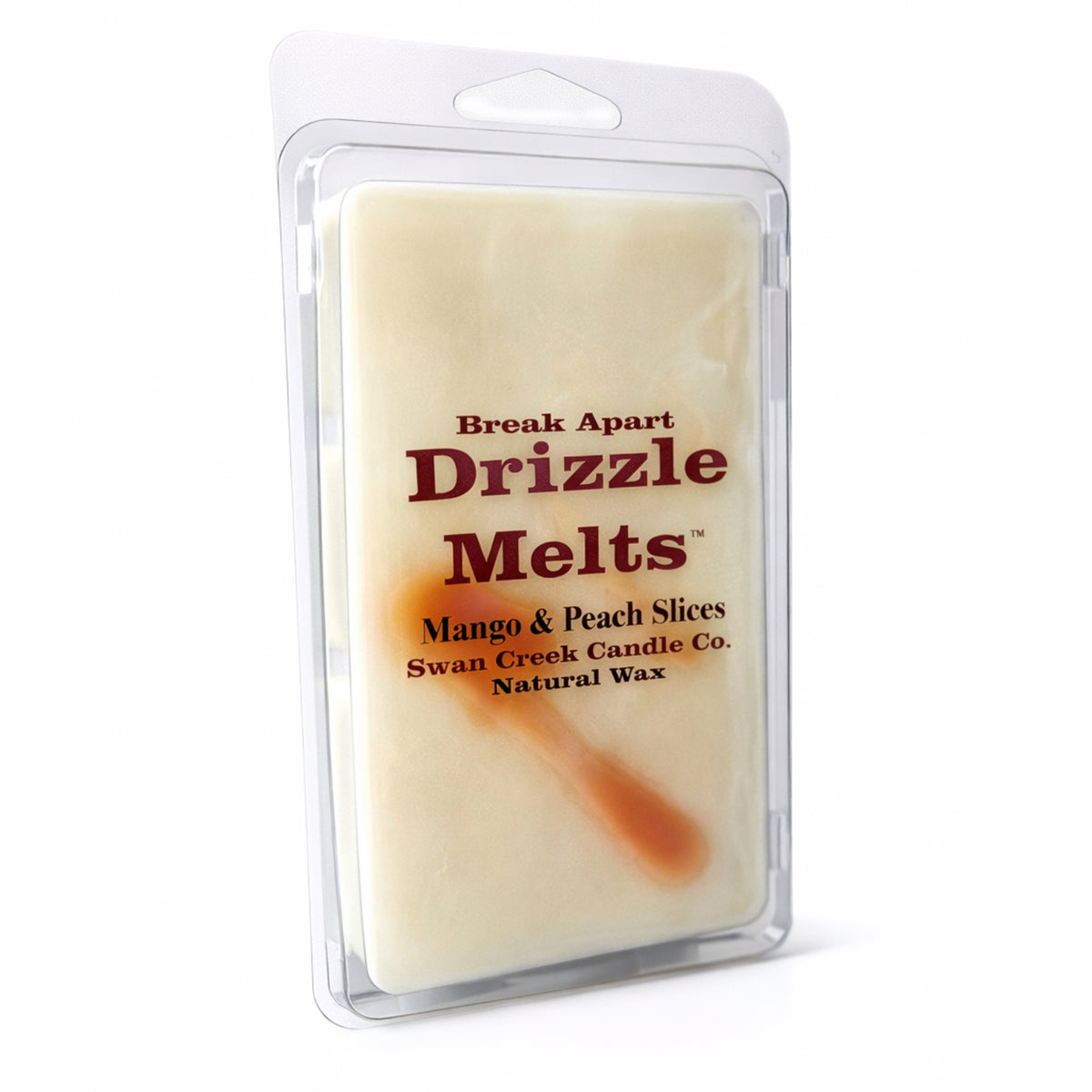 Packaged Drizzle Melts candle with mango and peach scent on a white background
