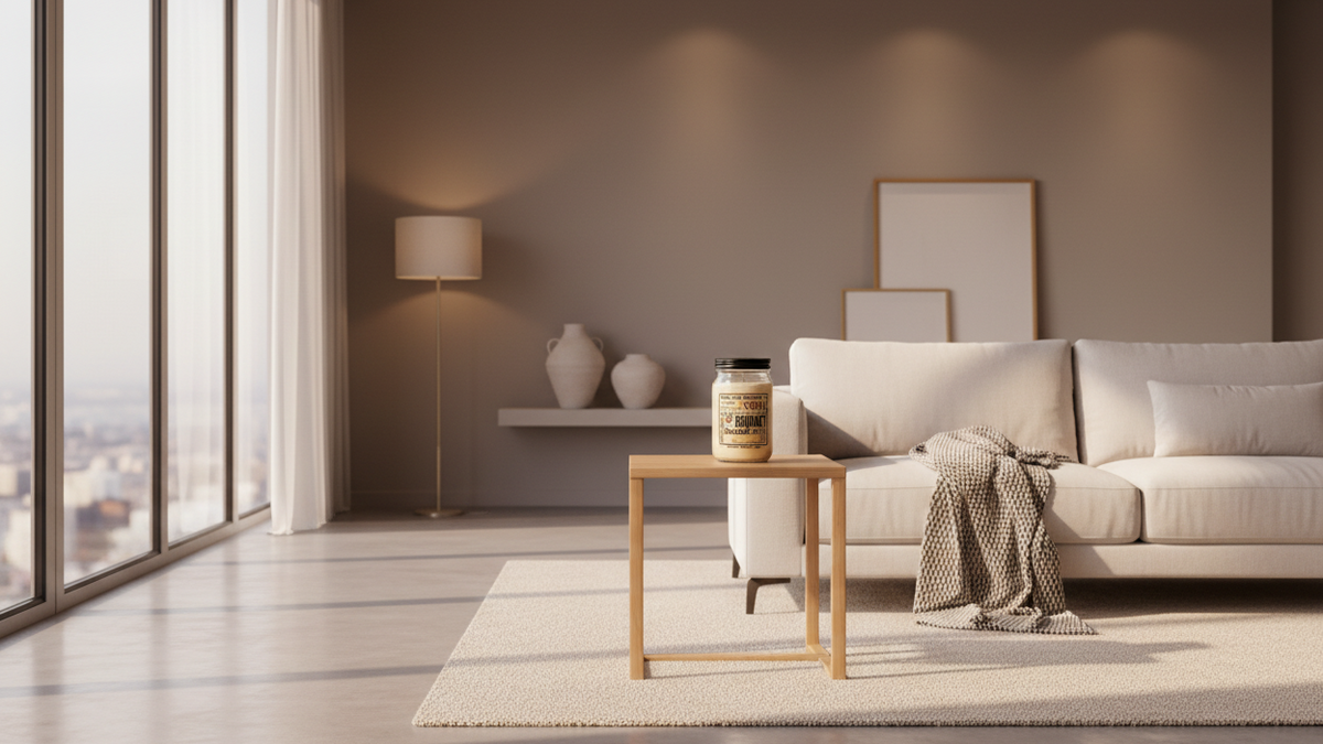 Modern living room with a sofa, coffee table, and decorative items.