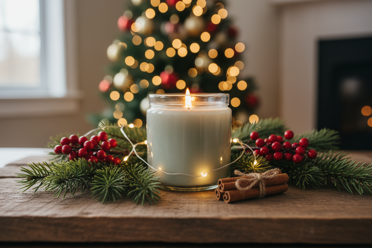 A bayberry candle in a christmas setting