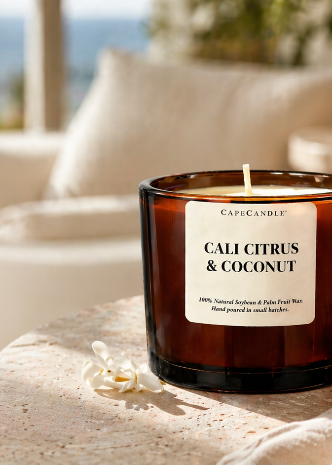 Candle labeled 'Calé Citrus & Coconut' on a table with a scenic background