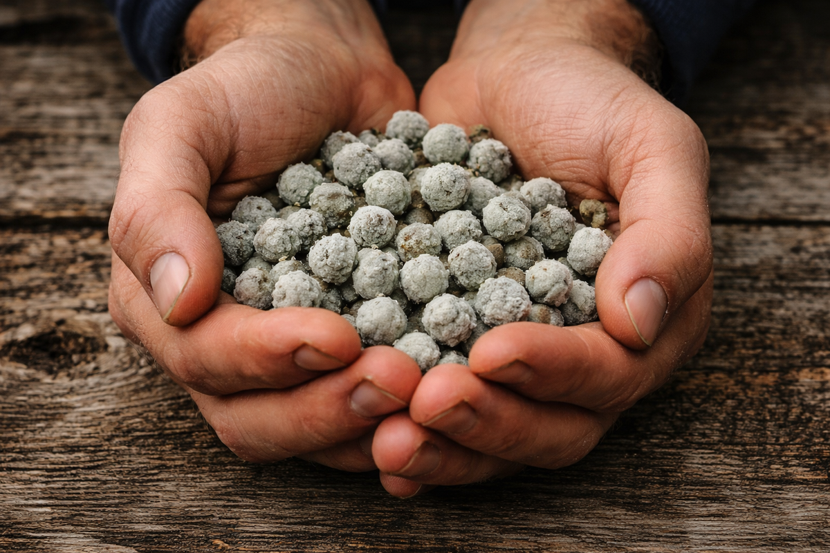 Hands holding small, round, bayberries on a wooden surface