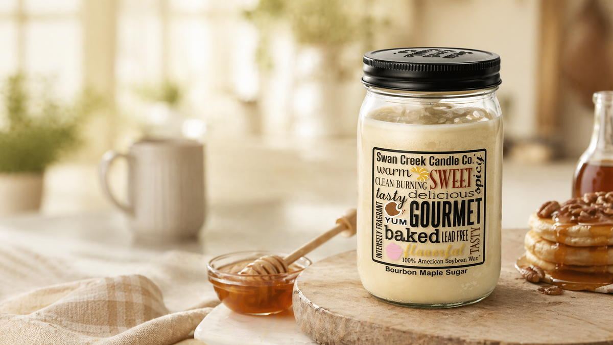 Jar of gourmet candle with a label on a wooden surface, surrounded by honey and pastries.